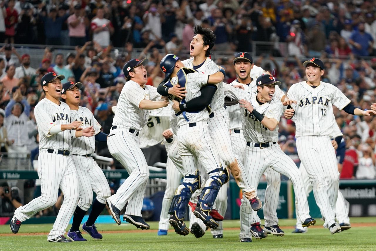 Japanese players celebrate after star Shohei Ohtani struck out Mike Trout to defeat Team USA in <a href="https://www.cnn.com/2023/03/21/sport/world-baseball-classic-final-usa-japan-spt-intl/index.html" target="_blank">the championship game of the World Baseball Classic</a> on Tuesday, March 21. It's the third time Japan has won the event.
