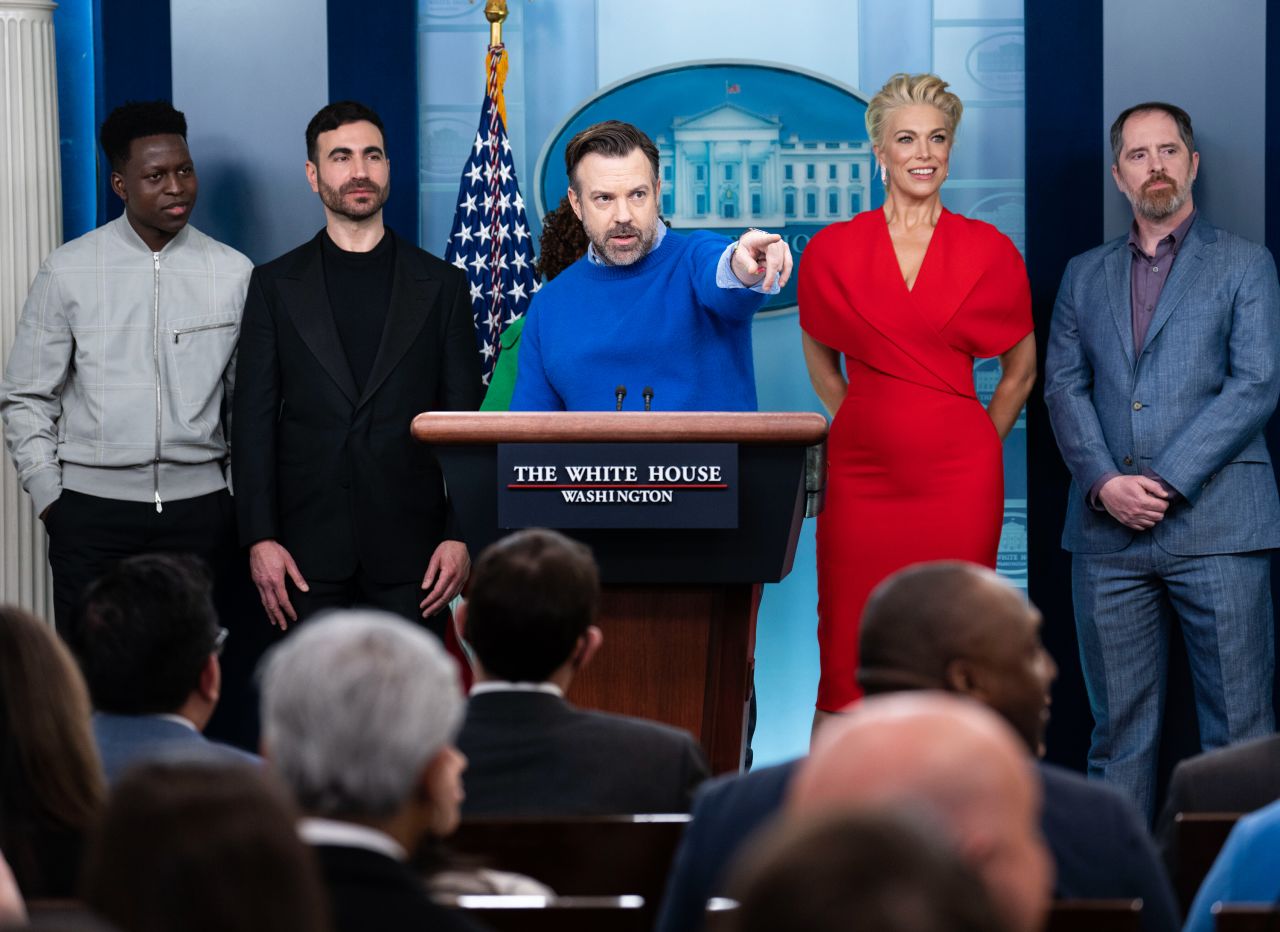 Actor Jason Sudeikis, center, is joined by other cast members of the show "Ted Lasso" as they <a href="https://www.cnn.com/2023/03/19/politics/jason-sudeikis-ted-lasso-biden-white-house-mental-health/index.html" target="_blank">visited the White House briefing room</a> on Monday, March 20. With Sudeikis, from left, are Toheeb Jimoh, Brett Goldstein, Hannah Waddingham and Brendan Hunt. Sudeikis said they are teaming up with US President Joe Biden to make sure Americans know about the options that are available to help with mental health.