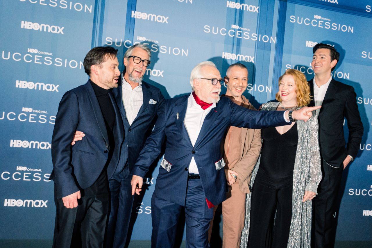 From left, "Succession" cast members Kieran Culkin, Alan Ruck, Brian Cox, Jeremy Strong, Sarah Snook and Nicholas Braun attend the show's season 4 premiere party in New York on Monday, March 20.