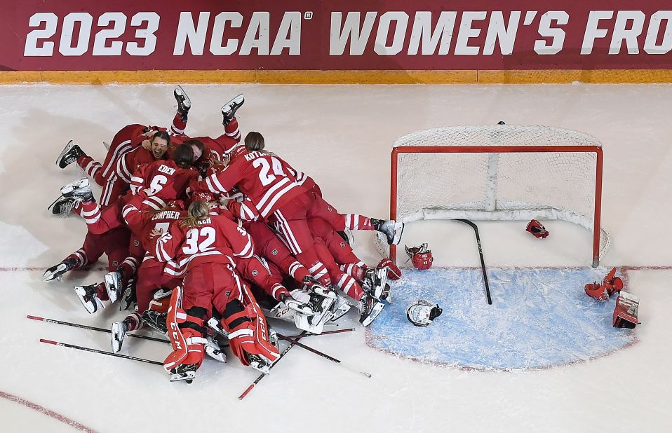 The Wisconsin women's hockey team celebrates after defeating Ohio State to win the NCAA championship on Sunday, March 19. Wisconsin has now won seven national titles in women's hockey.