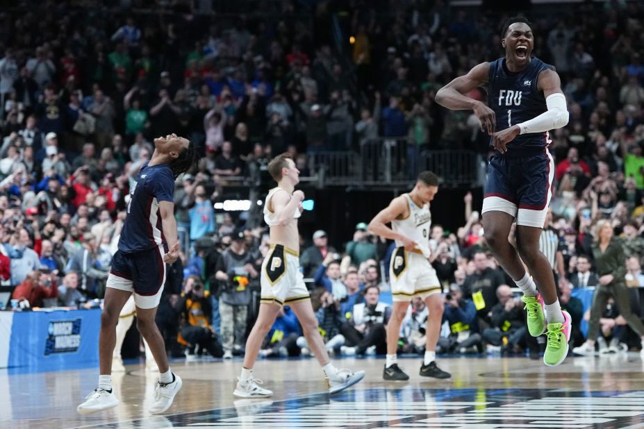 Joe Munden Jr., right, celebrates after <a href="https://www.cnn.com/2023/03/17/sport/march-madness-ncaa-fdu-upsets-purdue/index.html" target="_blank">Fairleigh Dickinson upset No. 1 seed Purdue</a> in the first round of the NCAA Tournament on Friday, March 17. It is only the second time in history that a No. 16 seed has defeated a No. 1.