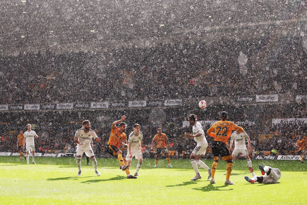 Wolverhampton's Ruben Neves takes a shot during a Premier League match against Leeds in Wolverhampton, England, on Saturday, March 18.