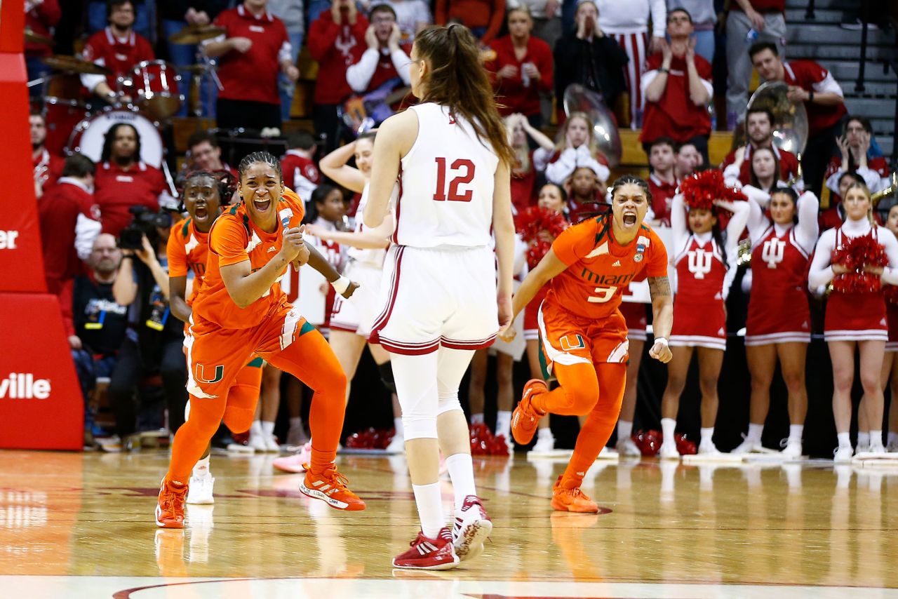 Miami's Jasmyne Roberts, left, and Destiny Harden celebrate after they upset No. 1 seed Indiana in the second round of the NCAA Tournament on Monday, March 20.