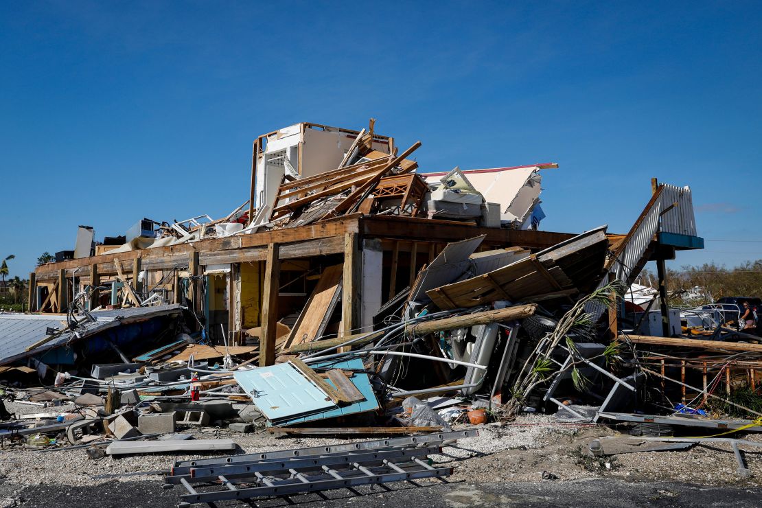 A house sits in ruin in September 2022 following Category 4 Hurricane Ian in Fort Myers, Florida.