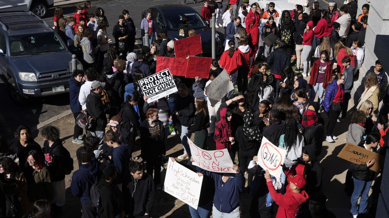 Students from East High School and West High School enter the Colorado State capitol to call for gun control measures on Thursday, March 23, 2023.