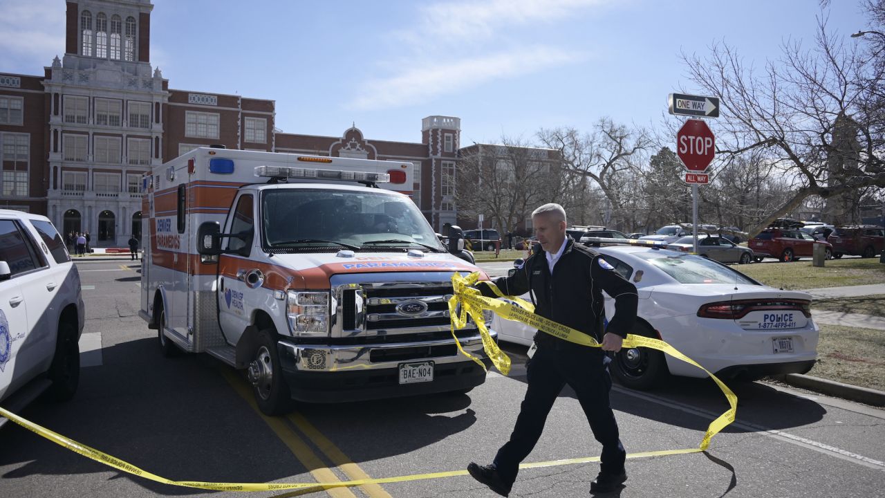 Denver's East High School after a shooting there on March 22, 2023.