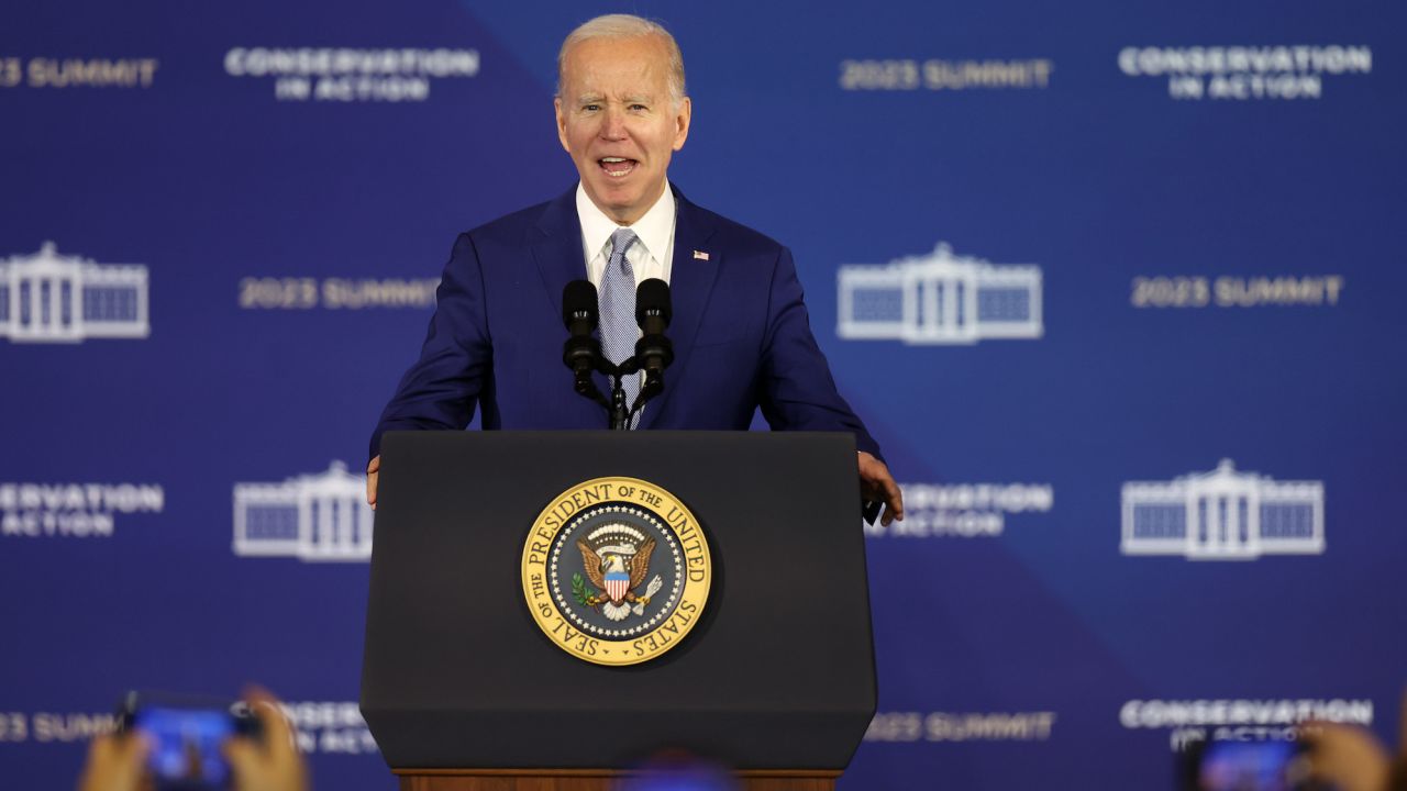 President Joe Biden delivers remarks at the White House Conservation In Action Summit at the US Department of Interior on March 21, 2023, in Washington, DC. 