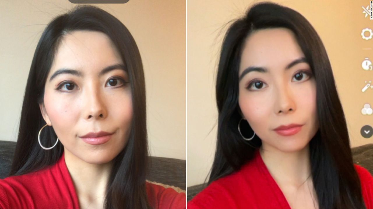 CNN's Selina Wang takes a photo using TikTok (left) and Douyin (right). Douyin applies an automatic beauty filter.