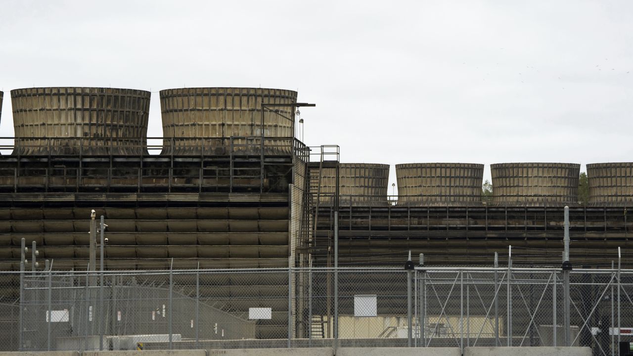 Cooling towers release heat generated by boiling water reactors at Xcel Energy's Nuclear Generating Plant on October 2, 2019, in Monticello, Minnesota. The plant is shutting down Friday to conduct repairs on a radioactive water leak.
