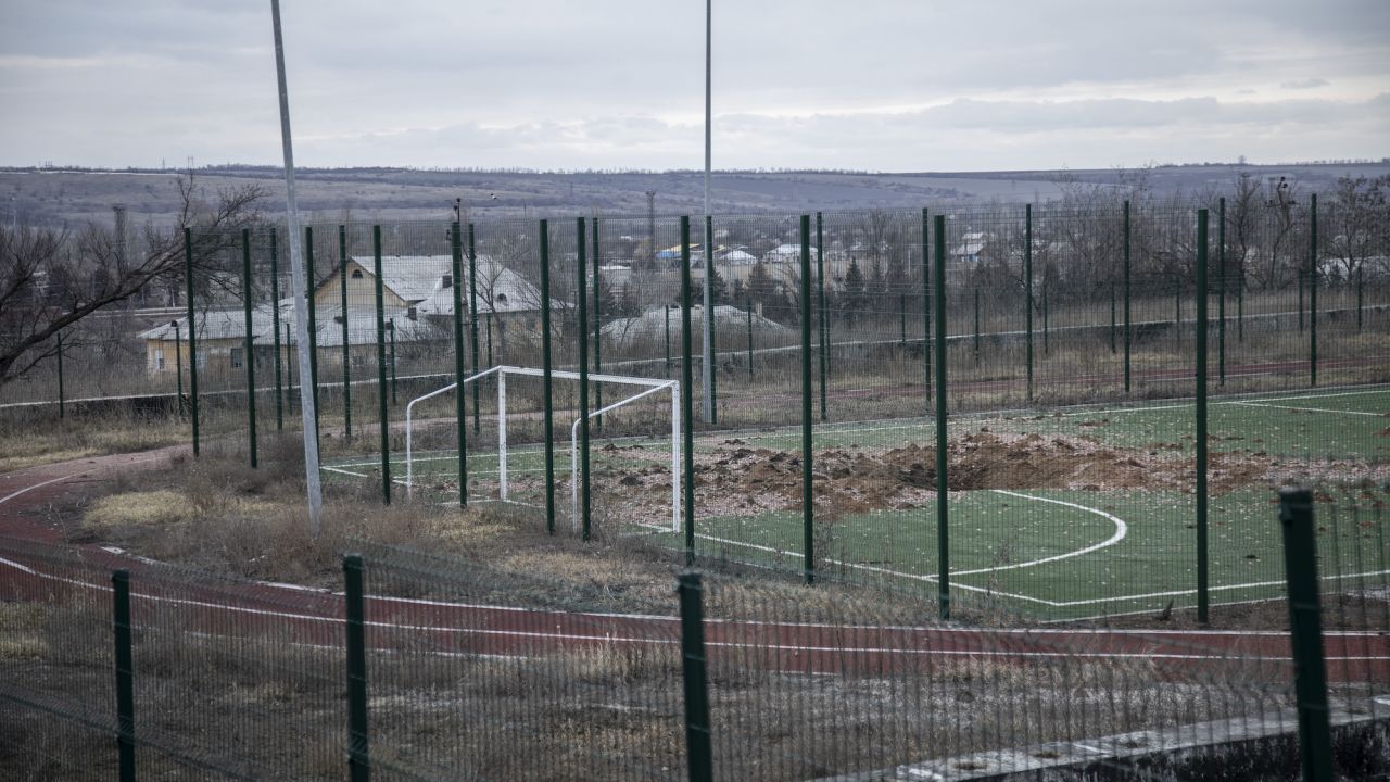 A destroyed soccer facility in a heavily shelled neighborhood in Ukraine.
