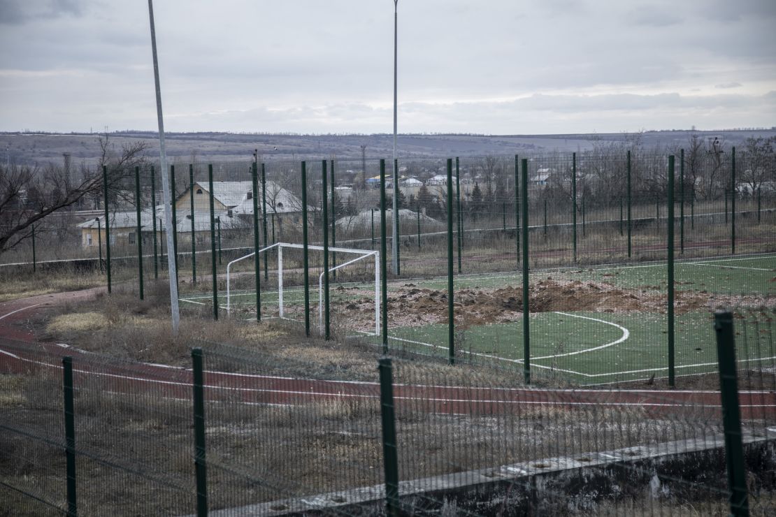 A destroyed soccer facility in a heavily shelled neighborhood in Ukraine.