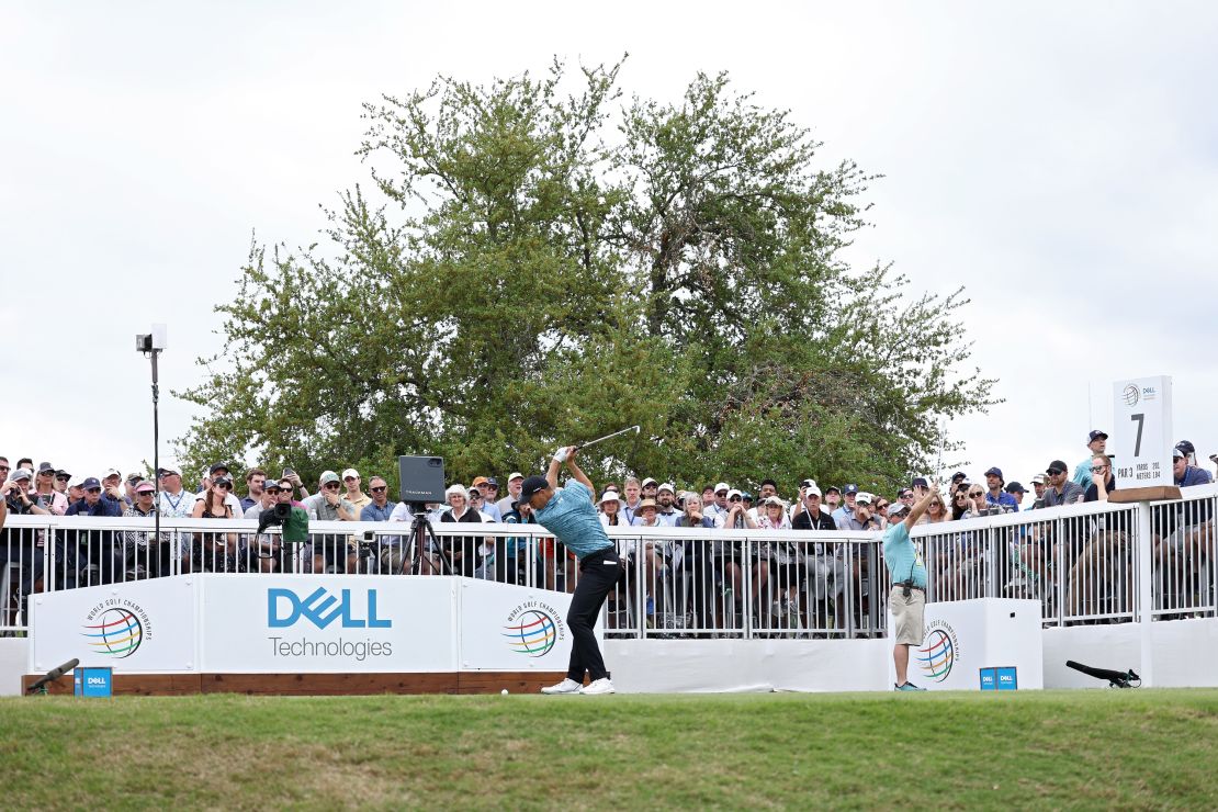 Spieth driving from the seventh tee.