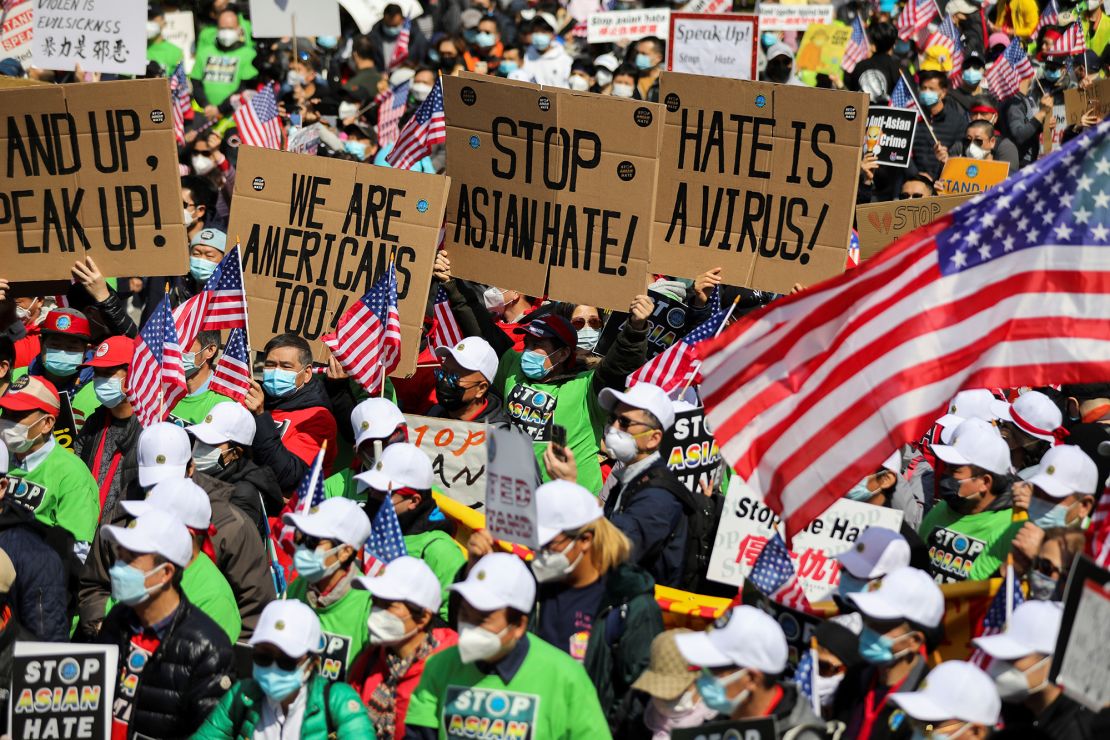 People rallied during a "Stop Asian Hate" march to protest against anti-Asian hate crimes on Foley Square in New York, on April 4, 2021. 