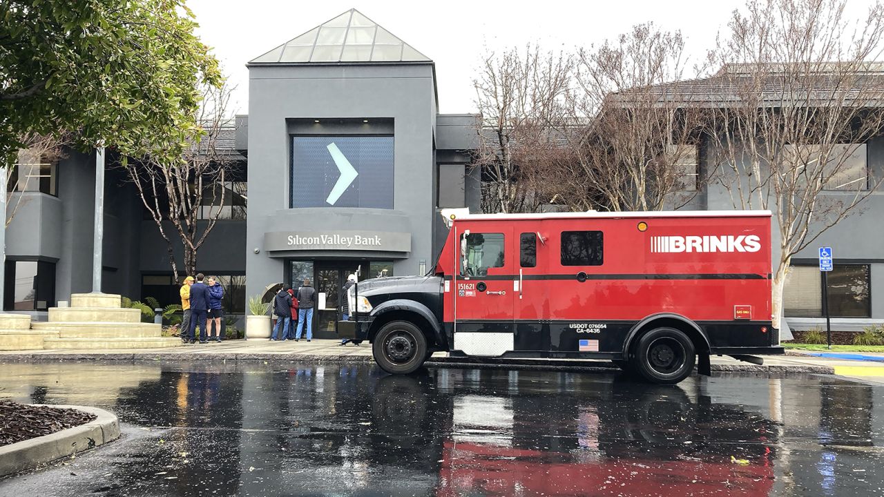 A Brinks armored truck parked outside SVB in Santa Clara, California, USA on March 10, 2023.