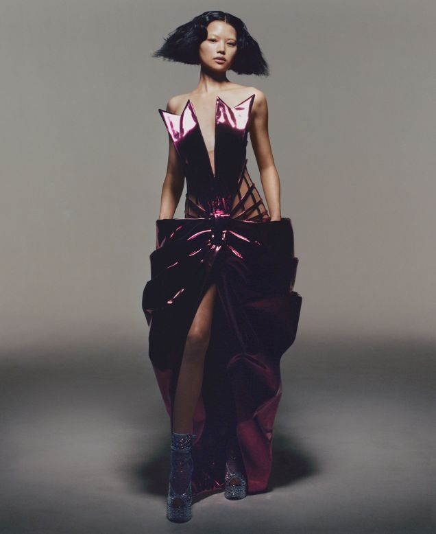 "Plastic Off the Sofa" updates Parisian couture signatures, turning an oversized bow into tuxedo suit lapels.