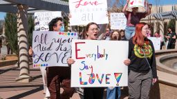 More than 50 people gathered Tuesday, March 21, 2023, at West Texas A&M University in Canyon, Texas, to protest the university president's decision to cancel a drag show on campus.