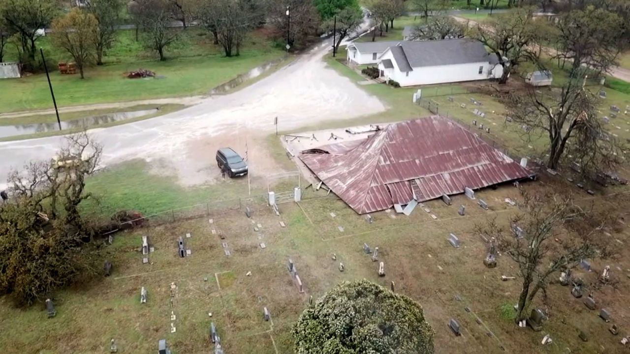 Drone footage shows the Pooleville Tabernacle, a more than 100-year-old pavilion that was destroyed by a tornado in Pooleville, Texas. 