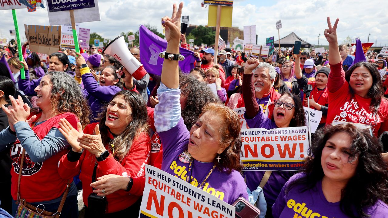 People rally Thursday in support of a school workers' strike in Los Angeles.