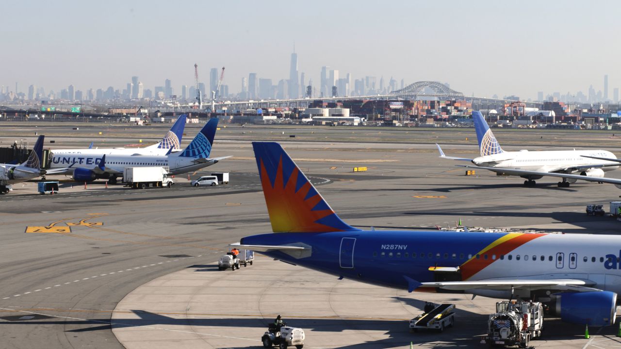 Planes sit on the tarmac at the Newark International Airport in Newark, New Jersey