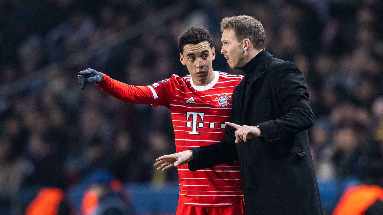Julian Nagelsmann gives instructions to Bayern's Jamal Musiala during the UEFA Champions League on February 14, 2023 in Paris, France.