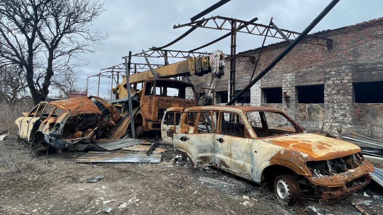 Destroyed buildings and machinery belonging to farmer Oleksandr Havriluk.