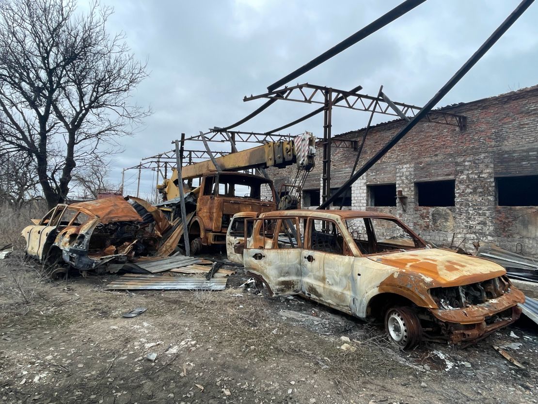Destroyed buildings and machinery belonging to farmer Oleksandr Havriluk.
