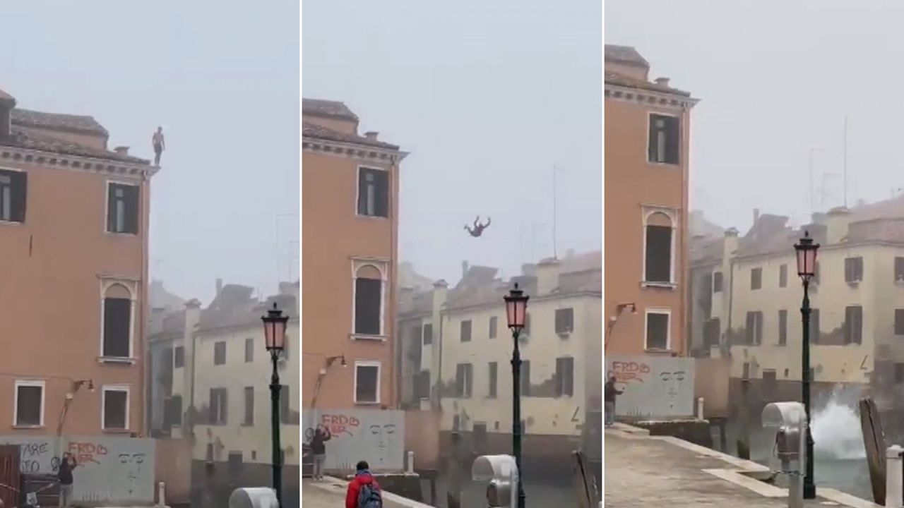 The man jumped off a three-story building into a canal in Venice.