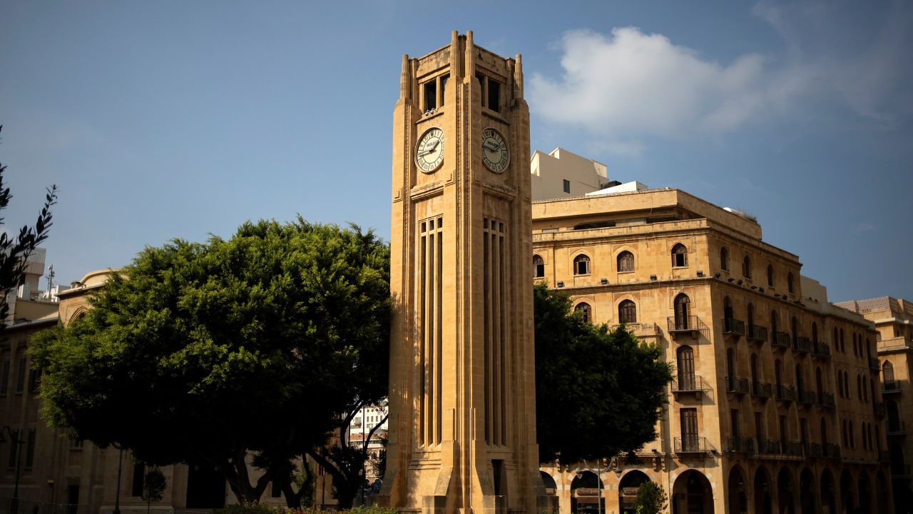 The clock tower at Nejmeh Square in downtown Beirut, Lebanon, on October 25, 2019. 