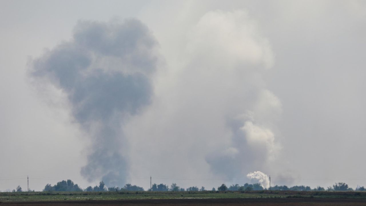 A view shows smoke rising above the area following an alleged explosion in the village of Mayskoye in the Dzhankoi district, Crimea, August 16, 2022.