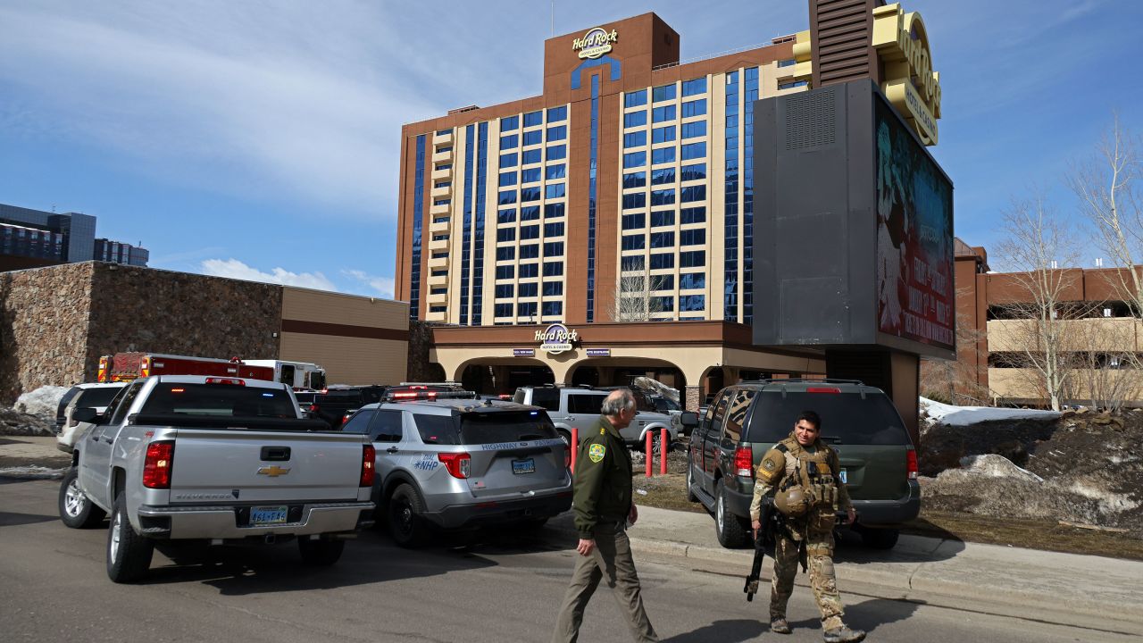 Law enforcement personnel are seen outside of the Hard Rock Casino and Hotel in Stateline, Nevada, on March 25, 2023