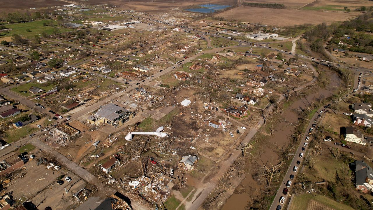 An aerial view of the town of Rolling Fork on Saturday.