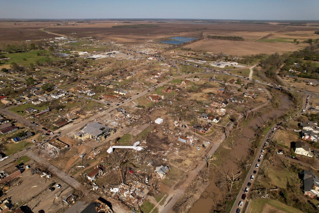An aerial view shows the town of Rolling Fork on Saturday.