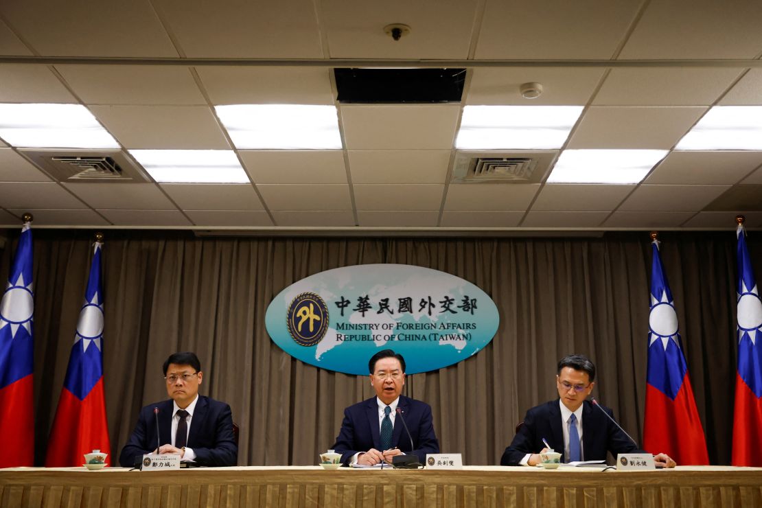 Taiwan Foreign Minister Joseph Wu speaks during a news conference in Taipei on March 26, 2023.