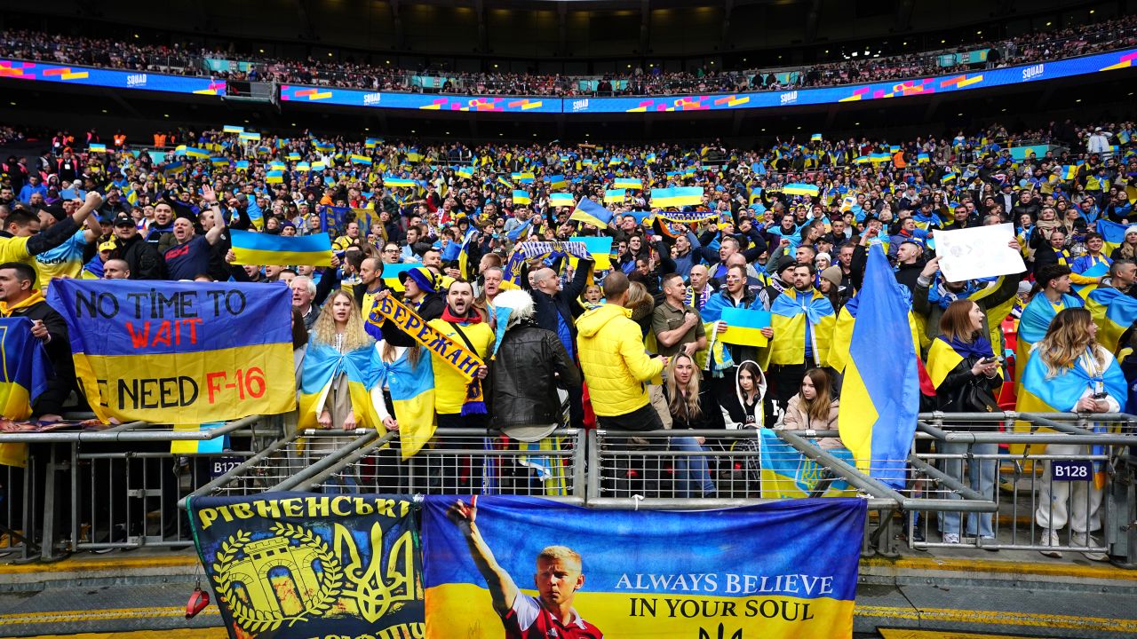 Ukraine fans in the stands at Wembley Stadium.