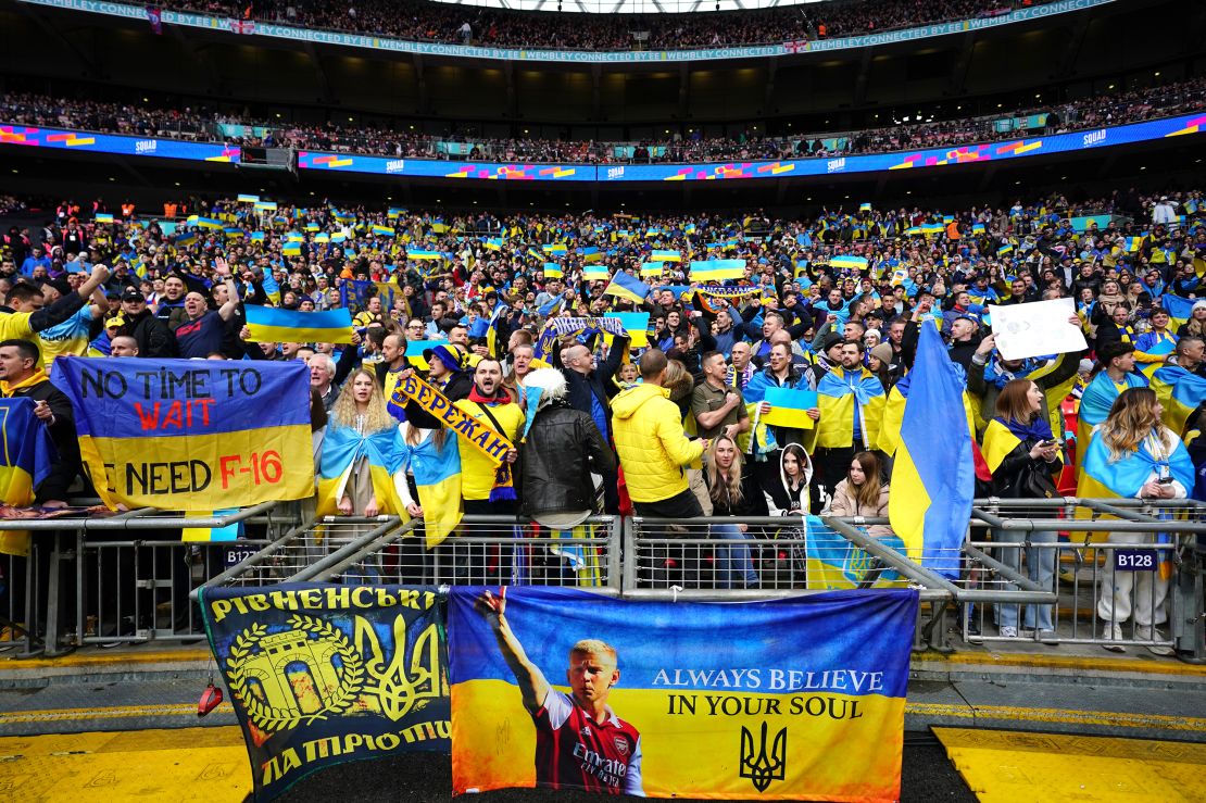 Ukraine fans in the stands at Wembley Stadium.