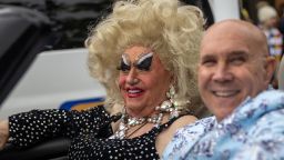Darcelle XV, the world's oldest working drag queen, rides through the Portland Pride Parade in Portland, Oregon, on June 19, 2022.