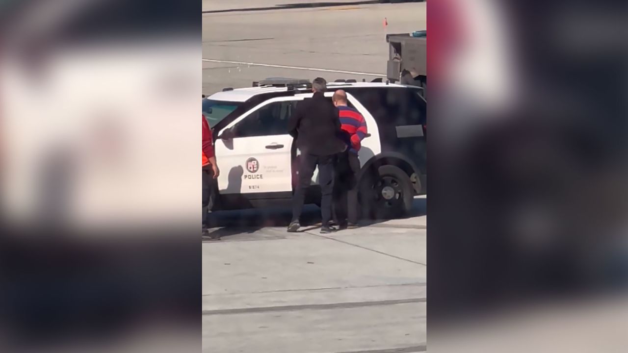 A  passenger is taken into custody after opening a door of a Boeing 737 and deploying an emergency exit slide Sunday at Los Angeles International Airport.