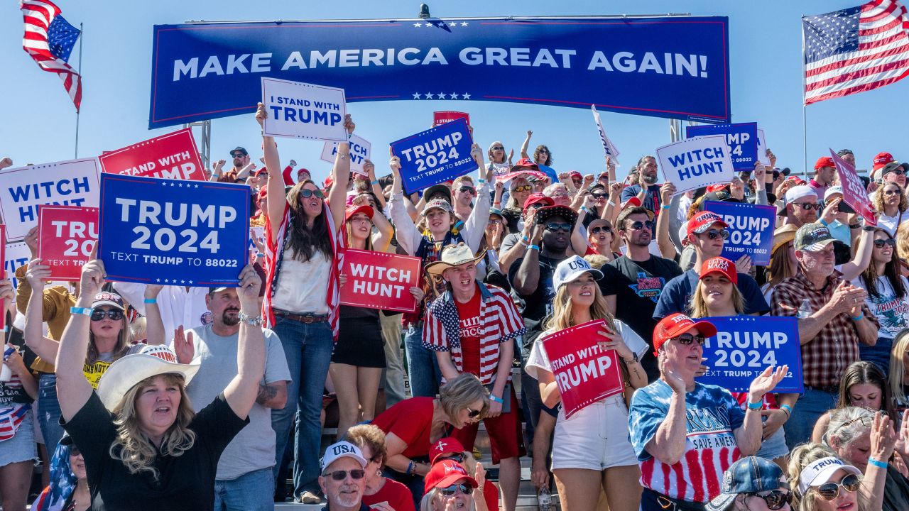 Supporters cheer ahead of former U.S. president Donald Trump's speech at the Waco Regional Airport on March 25, 2023 in Waco, Texas. 