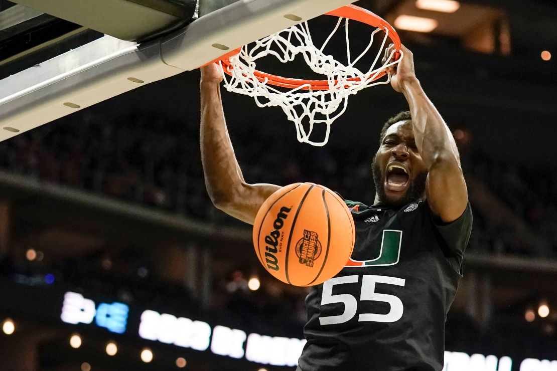 Miami guard Wooga Poplar #55 dunks against Texas in the second half the Midwest Regional of the NCAA Tournament Sunday.