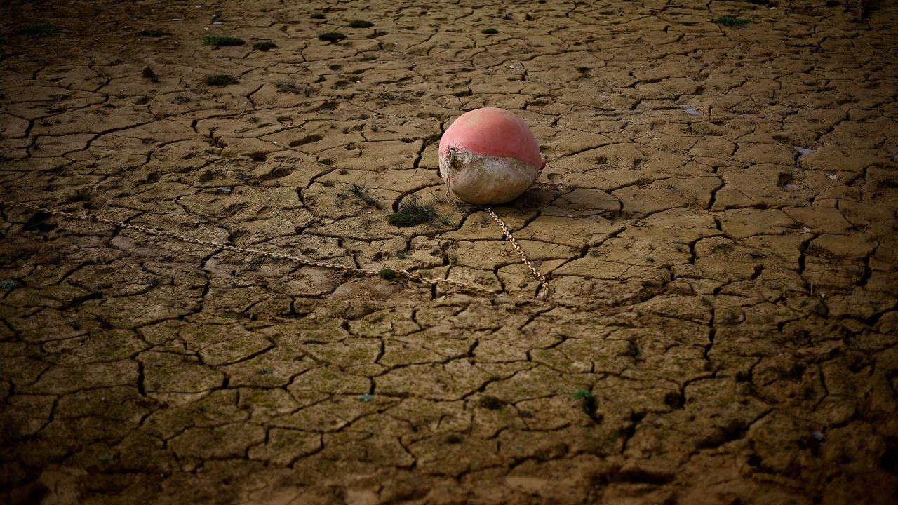 A buoy is seen on the banks of the partially dry Lake Montbel as France faces a record winter dry spell.