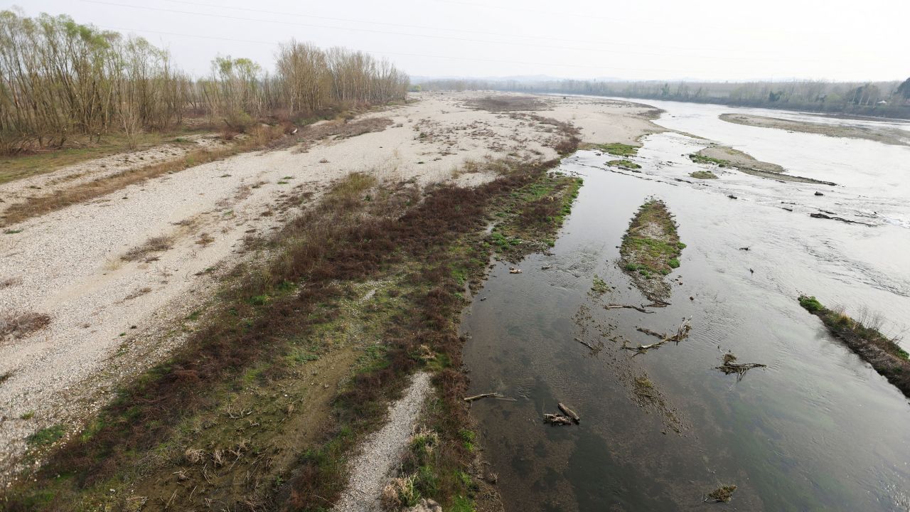 A view from Ponte di Valenza, Italy, on March 21 shows the River Po's dry riverbed.