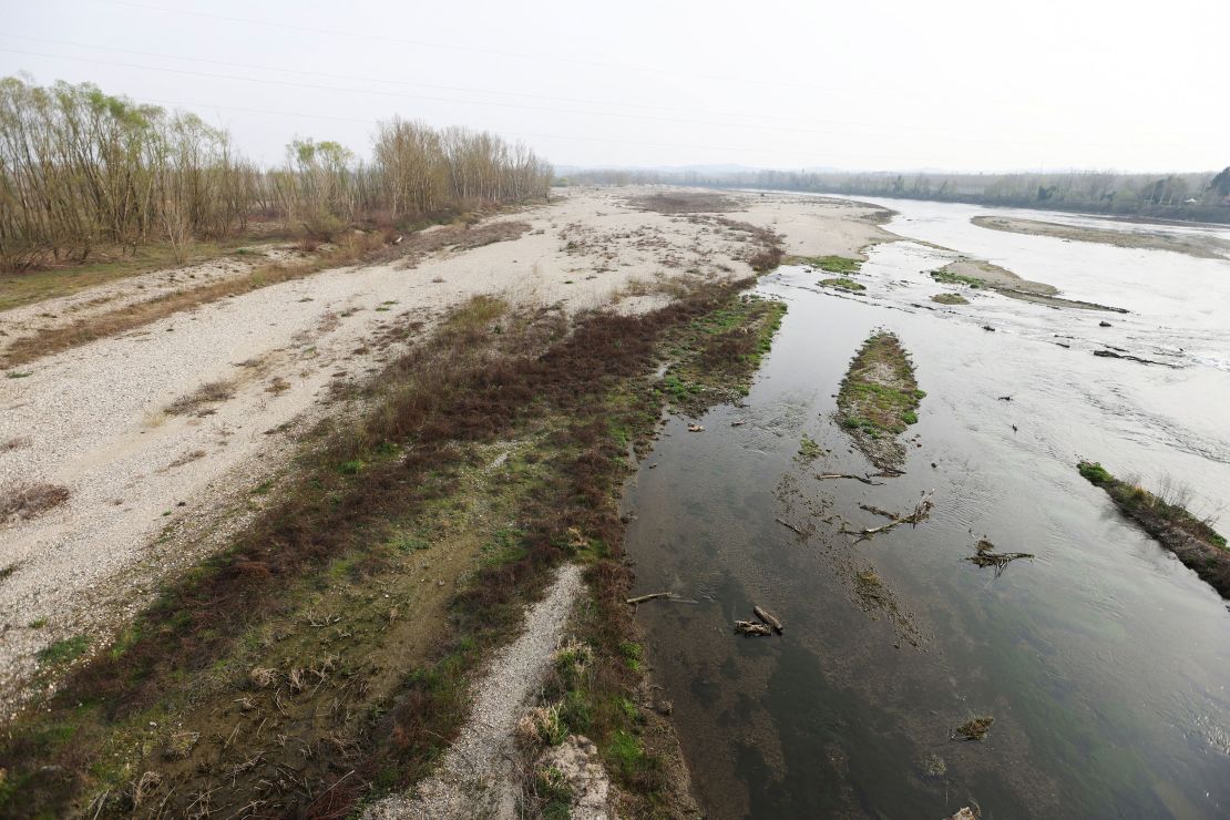 A view from Ponte di Valenza, Italy, on March 21 shows the River Po's dry riverbed.