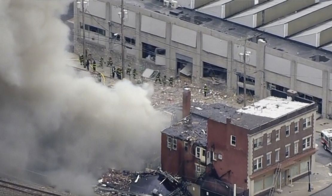 Smoke rises from an explosion at the R.M. Palmer Co. facility on March 24, 2023. 