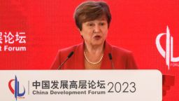 International Monetary Fund (IMF) Managing Director Kristalina Georgieva speaks at the China Development Forum 2023, in Beijing, China, March 26, 2023. 