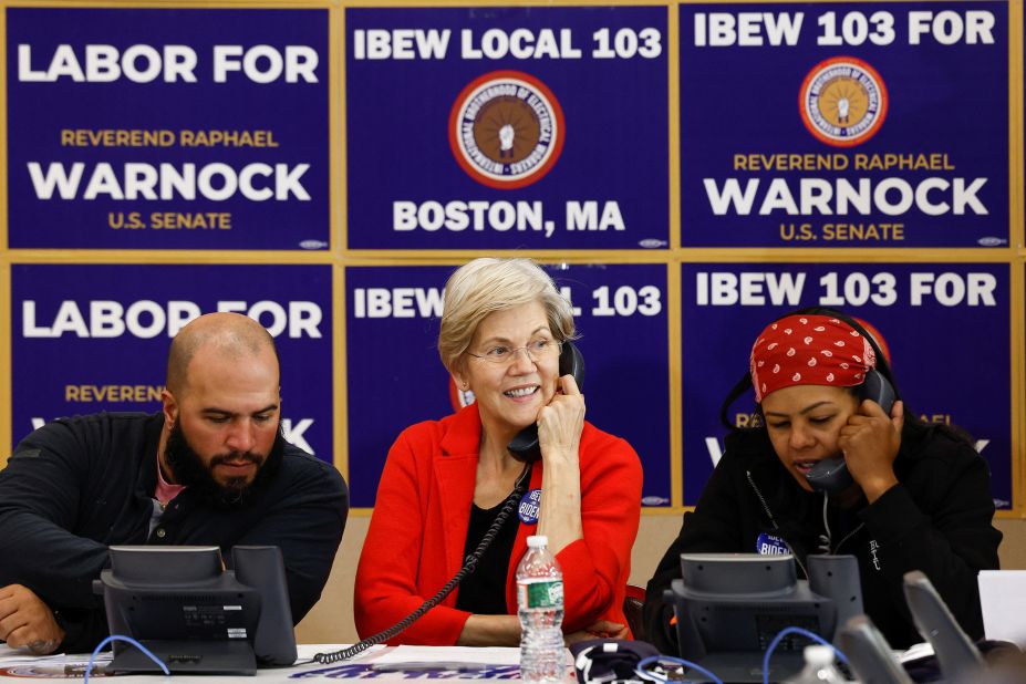 Sen. Elizabeth Warren participates in a phone bank for Sen. Raphael Warnock with the International Brotherhood of Electrical Workers in Boston in December 2022.