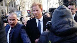 The Duke of Sussex (centre) arrives at the Royal Courts Of Justice, central London, ahead of a hearing claim over allegations of unlawful information gathering brought against Associated Newspapers Limited (ANL) by seven people - the Duke of Sussex, Baroness Doreen Lawrence, Sir Elton John, David Furnish, Liz Hurley, Sadie Frost and Sir Simon Hughes. Picture date: Monday March 27, 2023. (Photo by Jordan Pettitt/PA Images via Getty Images)