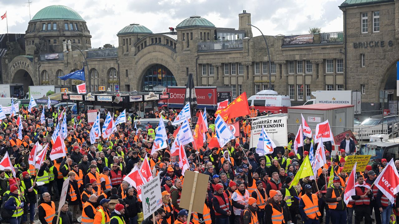 Protestors demonstrate in Hamburg, Germany, during nationwide strikes on March 27, 2023.