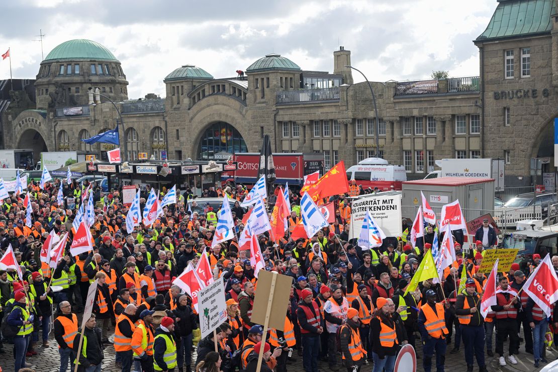 Protestors demonstrate in Hamburg, Germany, during nationwide strikes on March 27, 2023. 