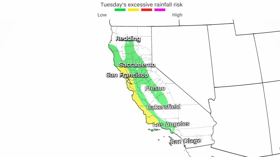 Excessive rainfall outlook for California on Tuesday showing a Level 2 out of 4 risk for over 8 million people along the coast. Nearly 33 million people are at a Level 1 out of 4 risk as well.