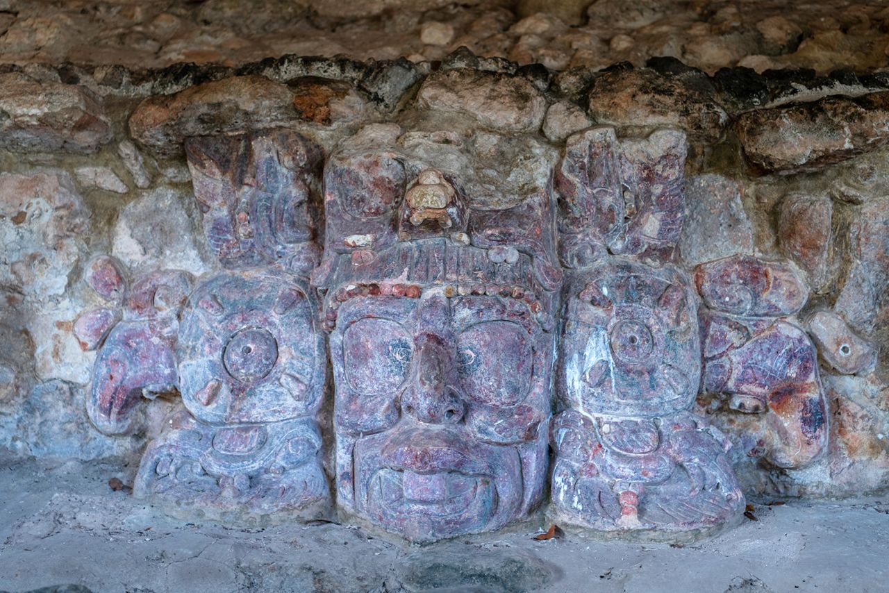 <strong>Edzná, Campeche:</strong> A mask of the Maya sun god Kinich Ahau is found in the Temple of the Masks at Edzná.